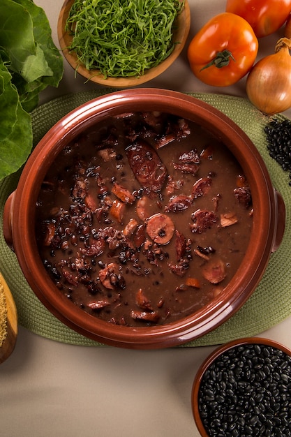 Brazilian Feijoada Food. Top view with copy space.