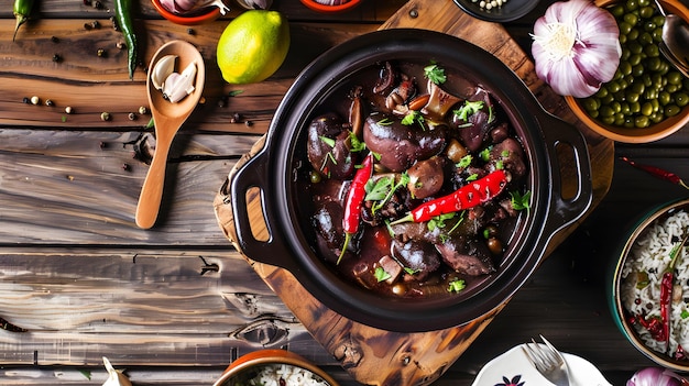 Brazilian feijoada stew with rice and fresh ingredients on rustic wooden table top view