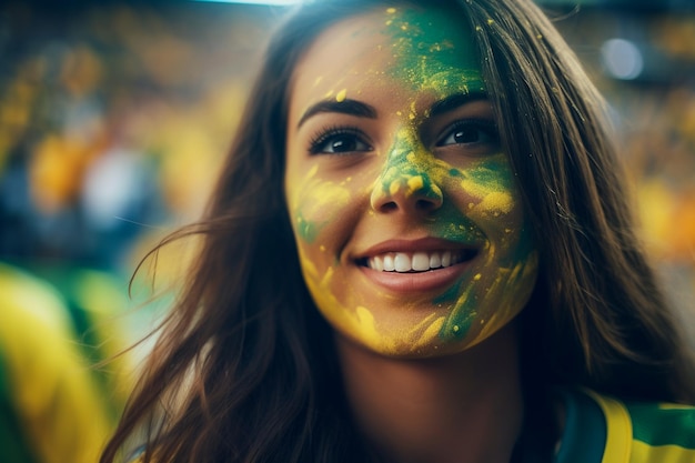 Brazilian female football soccer fans in a World Cup stadium supporting the national team