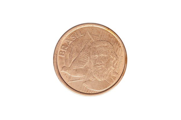 Brazilian five real cents coin on white background