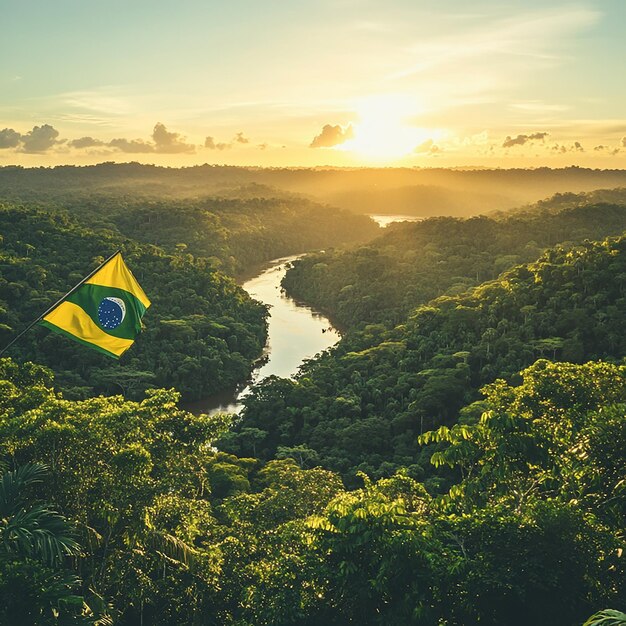 Photo brazilian flag waving over lush green jungle and river