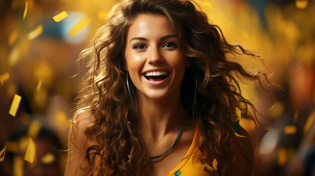 Brazilian football fan cheering at world cup match smiling woman happy time sport concept