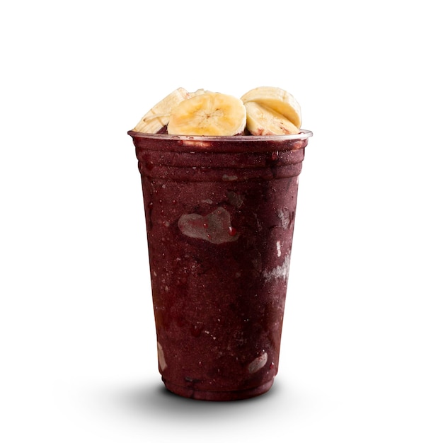 Brazilian Frozen AÃ§ai Berry Ice Cream Smoothie in plastic cup with Bananas. isolated on white background. Front view for menu and social media