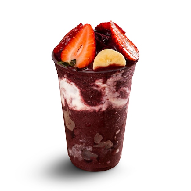 Brazilian Frozen AÃ§ai Berry Ice Cream Smoothie in plastic cup with Bananas, Strawberry and Condensed Milk. isolated on white background. Front view for menu and social media