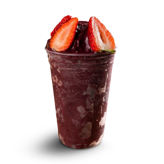 Brazilian Frozen AÃ§ai Berry Ice Cream Smoothie in plastic cup with Strawberry. isolated on white background. Front view for menu and social media