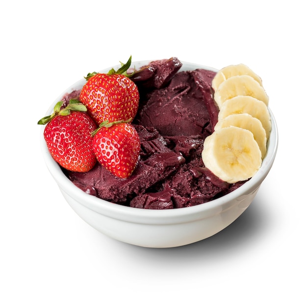 Brazilian frozen acai berry with strawberry and banana in white bowl isolated on white background.