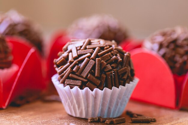 Brazilian gourmet brigadeiro in close-up photography. Brazilian food, dessert.