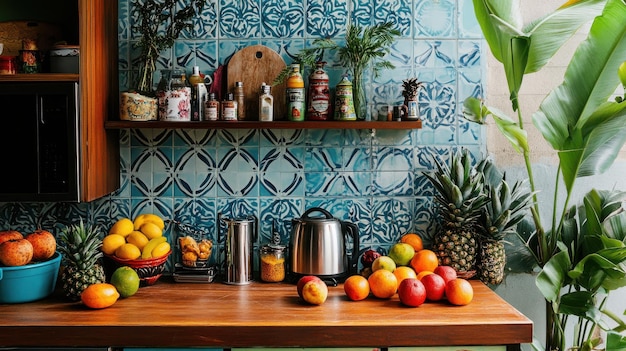 Photo brazilian kitchen with colorful decor and tropical fruits