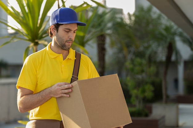 Brazilian mailman delivering a package on the street. Internet purchase being delivered at home.