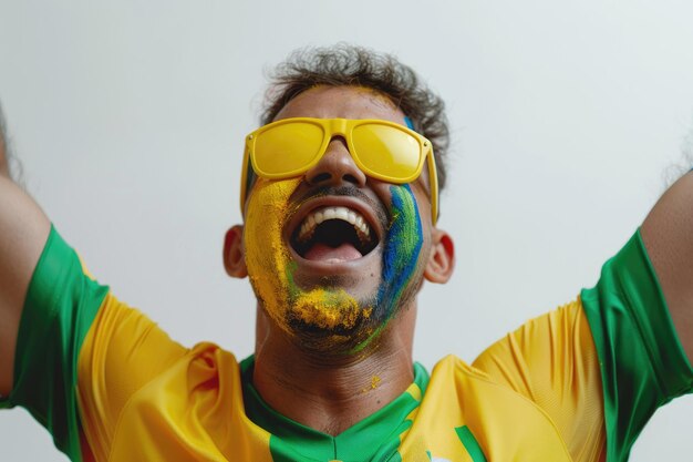 Photo brazilian man fan celebrating on footbal match on white background brazil colors