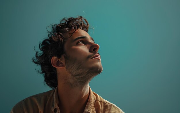 A Brazilian man with a contemplative expression pondering the beauty of nature Isolated on Medium Aquamarine Background JPG Portrait image