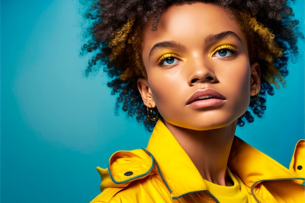 Brazilian model with yellow makeup and with blue eyes on a light Blue background Generative AI