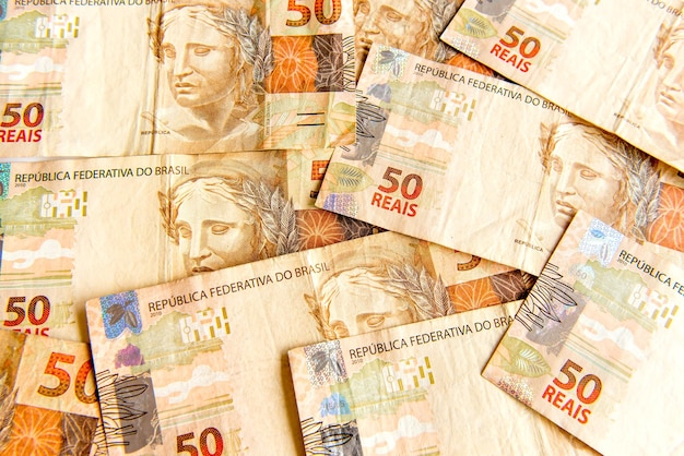 Brazilian money texture background Brazilian 50 Real notes