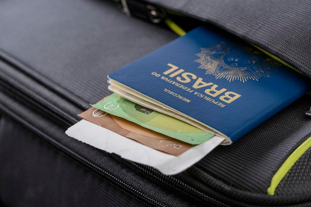 Brazilian passport being placed in the suitcase