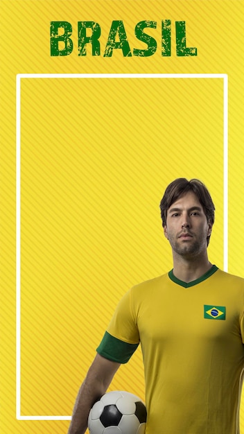 Brazilian player man celebrating on a yellow background