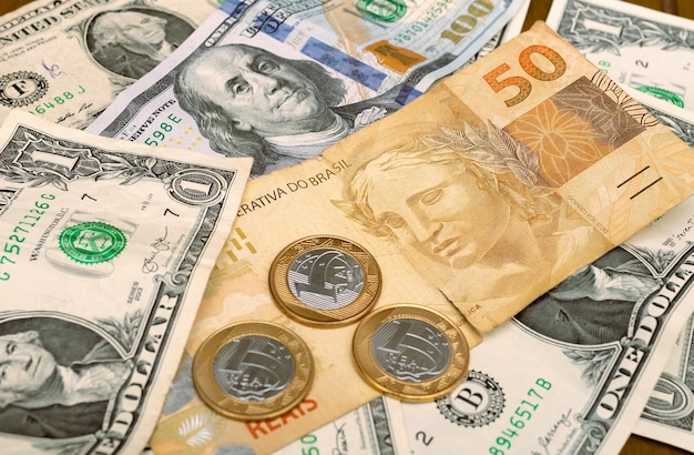 brazilian real and us dollar in photo for foreign exchange market concept