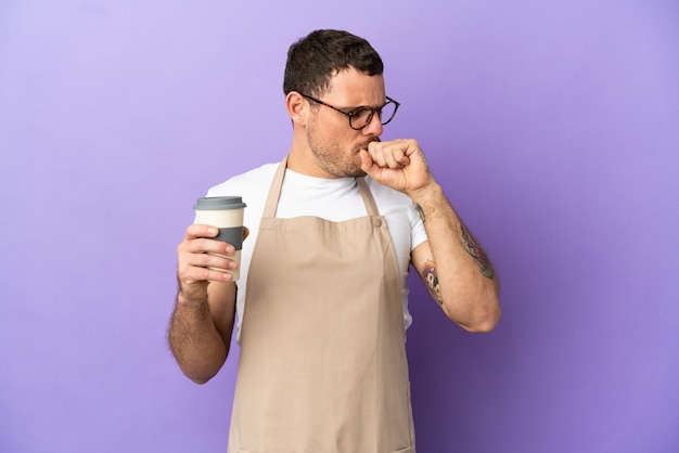 Brazilian restaurant waiter over isolated purple background is suffering with cough and feeling bad