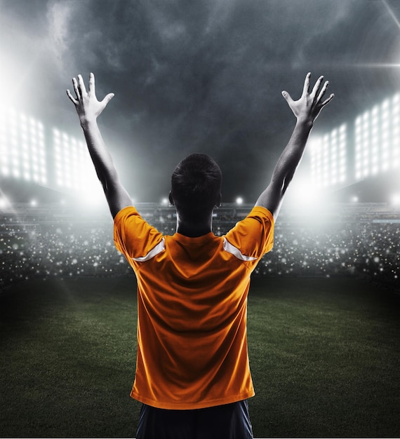 Brazilian soccer player, celebrating with the fans, on a white background.