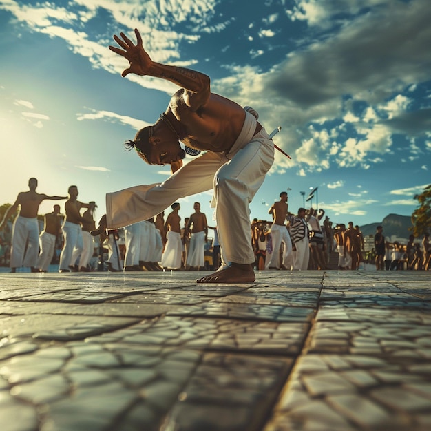 Photo brazilian street capoeira performance group on stone floor