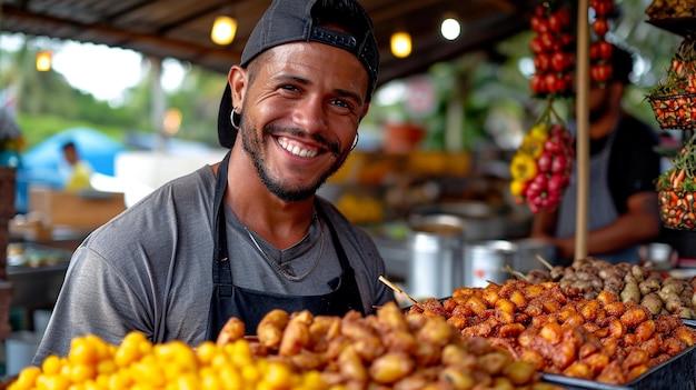 Brazilian street vendor selling Aa na Tigela with toppings