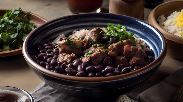 Brazilian traditional feijoada with black beans pork rice cassava and orange top view over wooden table generative ai