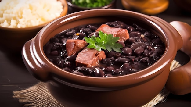 Brazilian traditional feijoada with black beans pork rice cassava and orange top view over wooden table generative ai