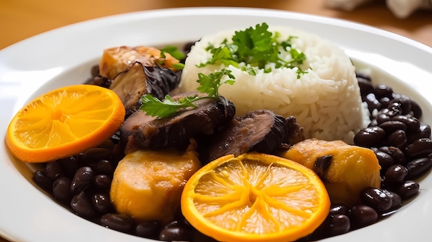 Brazilian traditional feijoada with black beans pork rice cassava and orange top view over wooden table generative ai