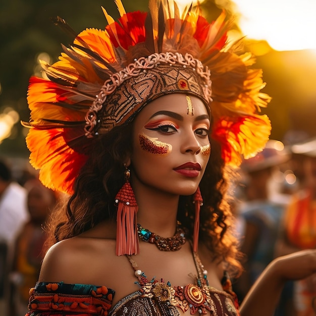 Brazilian woman with a feather headdress and a face art in sunset lights