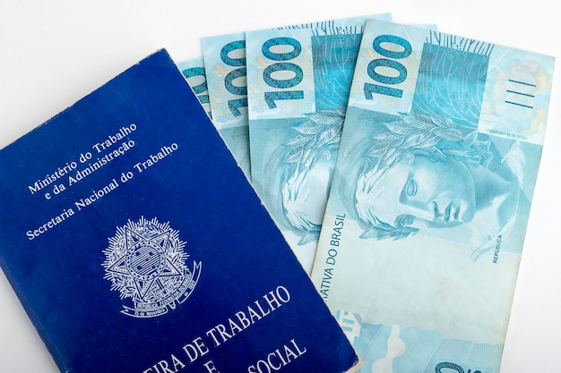 Brazilian work card with brazilian money economy and labor market on a white background