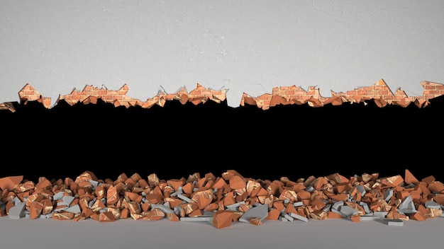 Breach in a brick wall covered with plaster horizontally, 3d illustration