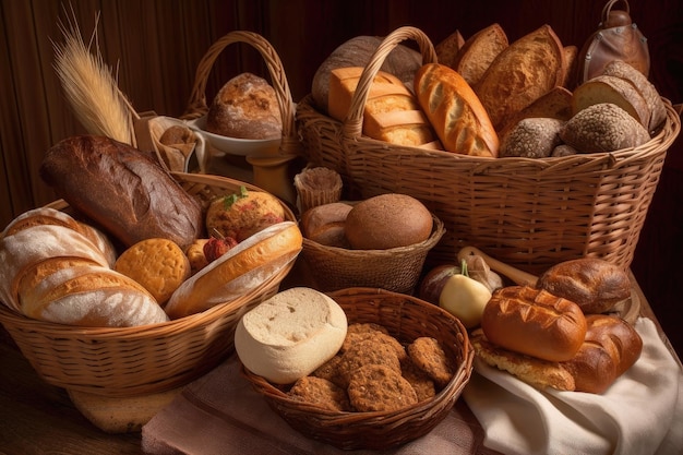 Bread basket overflowing with artisan breads of various shapes and sizes created with generative ai