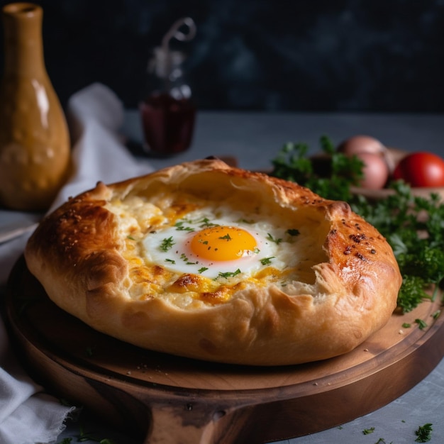 A bread bowl with an egg in it