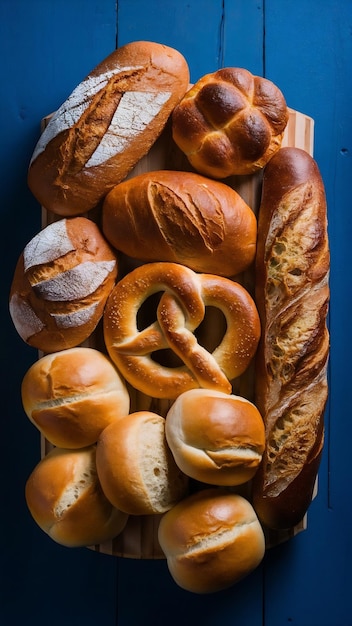 Bread and buns over blue background