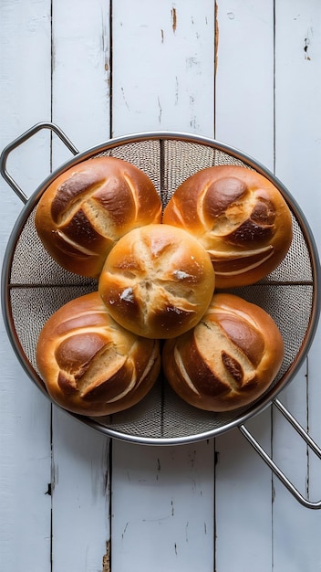 bread buns on stainless sieve on white wooden table background top view