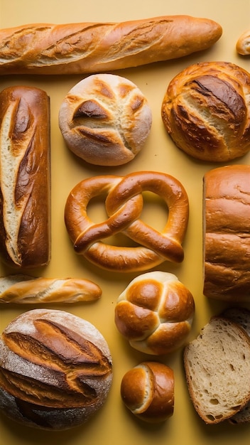 Bread and buns over yellow background