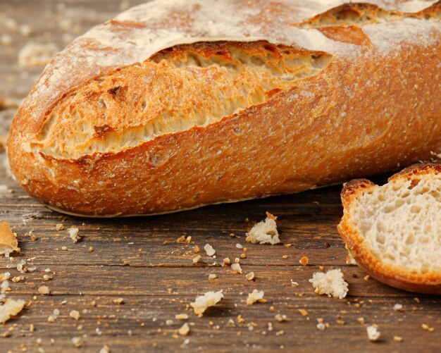 Photo bread and crumbs on wooden table