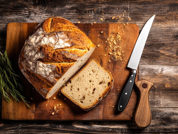 Bread cut with knife on wooden board generative AI