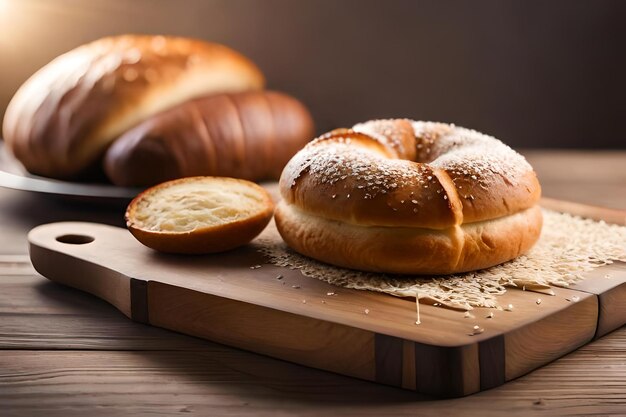 Bread on a cutting board with sesame seeds