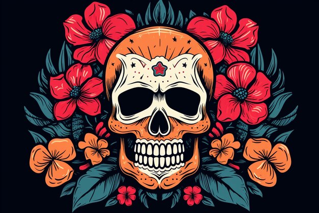 Bread of the dead and painted skull with marigold flowers on dark background