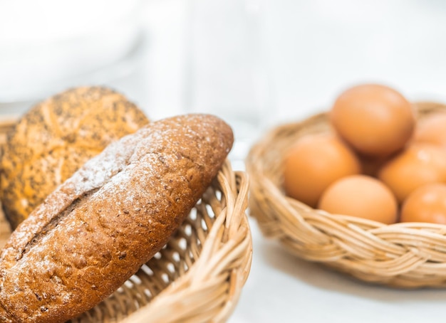 Bread Egg milk on kitchen bar for Breakfast preparing for family in white home kitchen