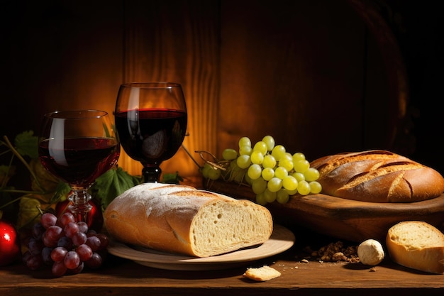 A bread and grapes on a table