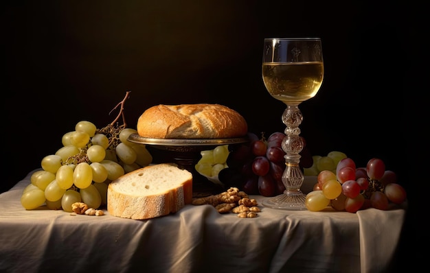 bread and grapes and wine glass in the style of baroque religious scenes