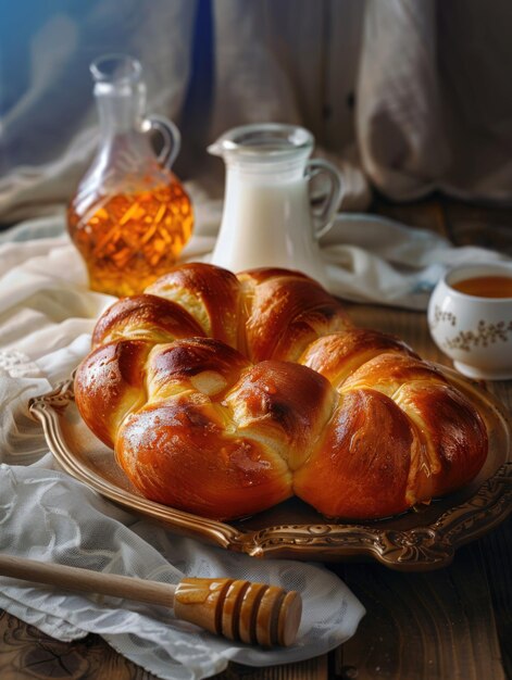 Bread and honey on table