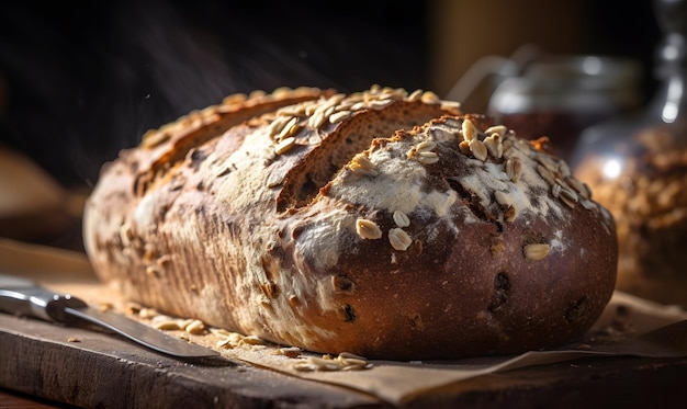 A bread loaf made with whole wheat and packed with seeds and nuts Generative AI