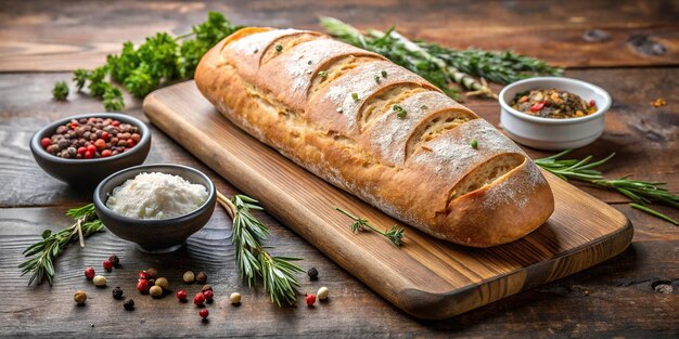 Photo bread loaf with herbs and spices on cutting board