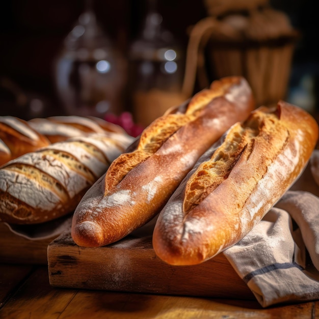 Bread loaves close up view Fresh baked bread traditional bakery background Generative AI