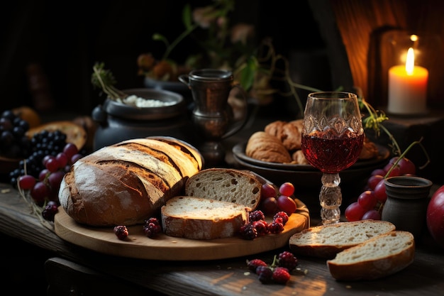 Bread and pastries on a tray with a candle in the background.