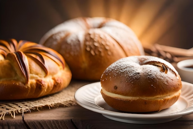 Bread on a plate with buns on a table