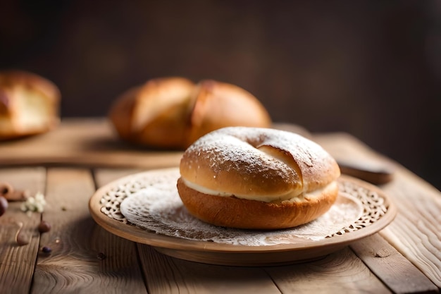 Photo bread on a plate with a wooden background