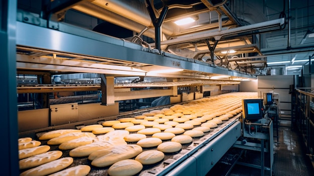 bread production line in a bakery factory fresh baked bread